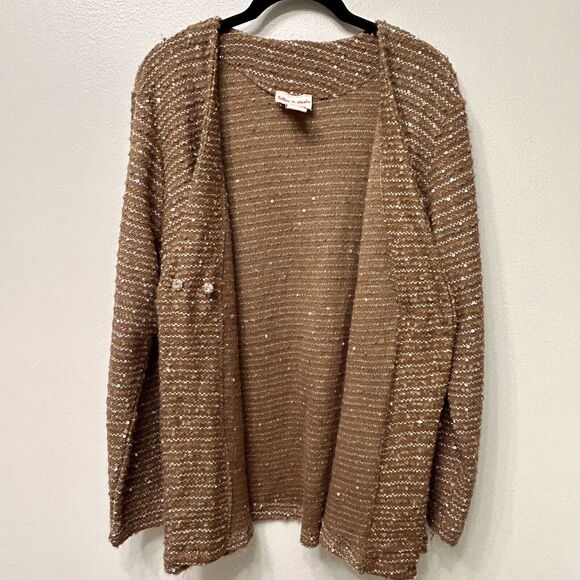 Toffee Apple Cardigan Women’s Large Brown Boho Knit Preppy Stripe Sequin Sweater - Picture 3 of 13